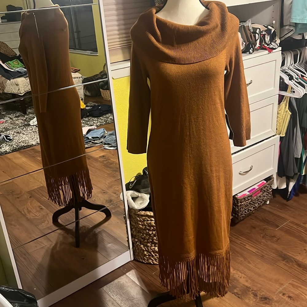 NWT, New York and Company brown sweater dress - cowl neck, fringe bottom - sz XS